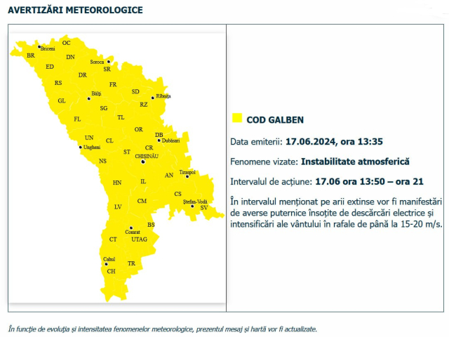 ATENȚIE: Cod Galben de instabilitate atmosferică. Se prevăd ploi  cu descărcări electrice și intensificări ale vântului